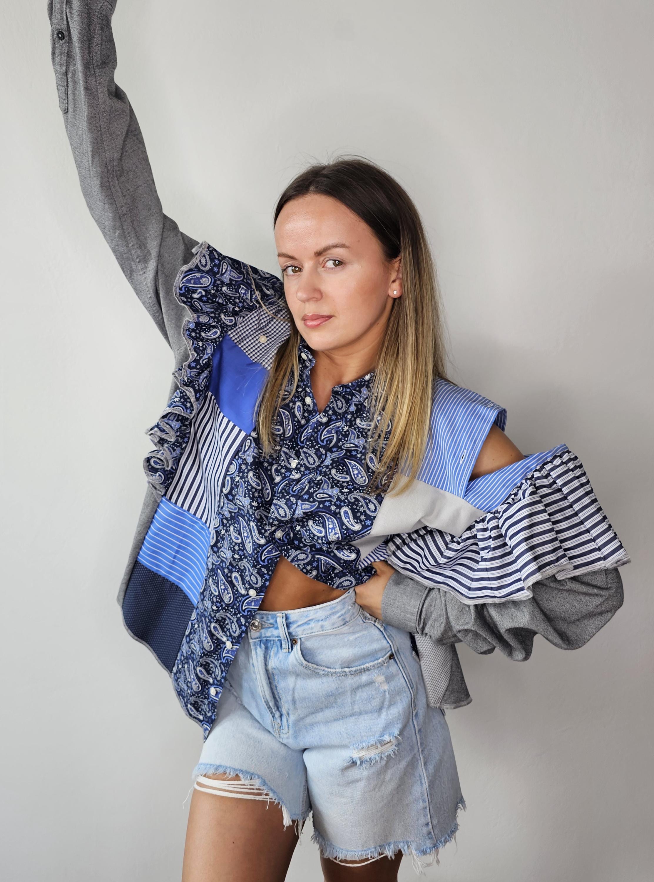 Upcycled women's patchwork shirts with ruffles and open shoulders/ Reworked blouse from men's shirt/ One of a kind modern oversize shirts