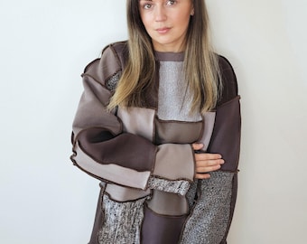 Upcycled patchwork women's jumper from knitwear and sweater scraps/ Reworked brown gray oversize puzzle jumper/ One of a kind modern jumper