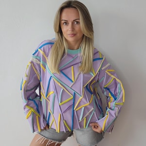 Upcycled patchwork women's jumper from knitwear scraps/ Reworked purple colorful laser show jumper/ One of a kind modern zero waste jumper