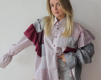 Camisas de mujer recicladas con retazos, volantes y hombros descubiertos / Blusas reelaboradas a partir de camisas de hombre / Camisas modernas oversize únicas