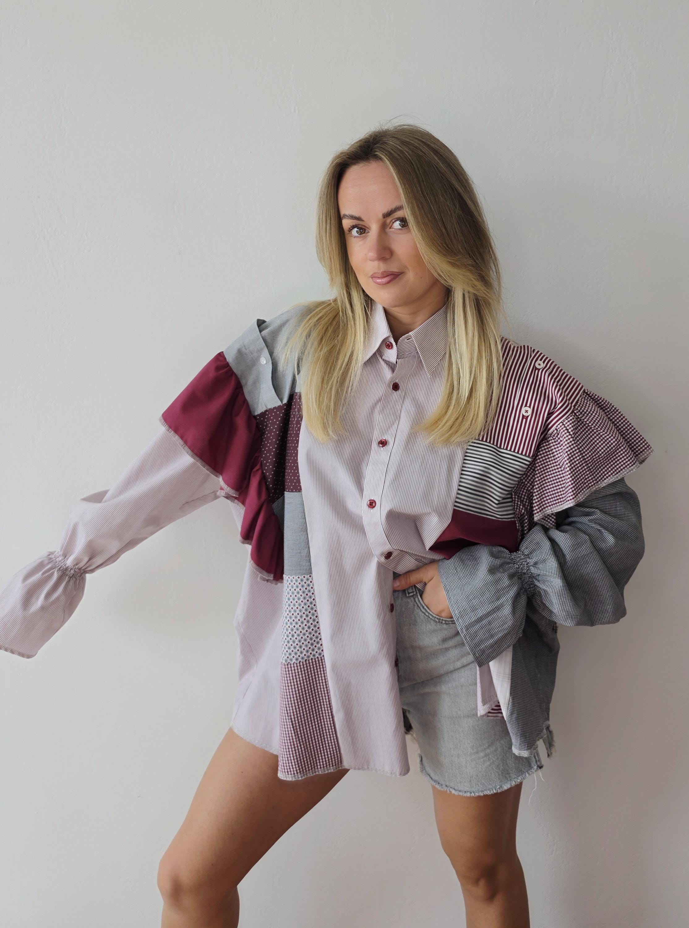 Upcycled Women's Patchwork Shirts With Ruffles and Open Shoulders