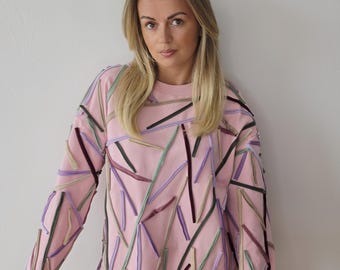 Upcycled patchwork women's jumper from knitwear scraps/ Reworked pink colorful laser show jumper/ One of a kind modern zero waste jumper