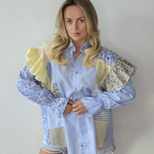 Upcycled women's patchwork shirts with ruffles and open shoulders/ Reworked blouse from men's shirt/ One of a kind modern oversize shirts