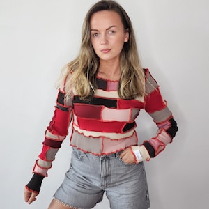 Upcycled patchwork women&#39;s blouse from knitwear scraps/ Handmade reworked beige red puzzle top/ One of a kind refashion zero waste blouse