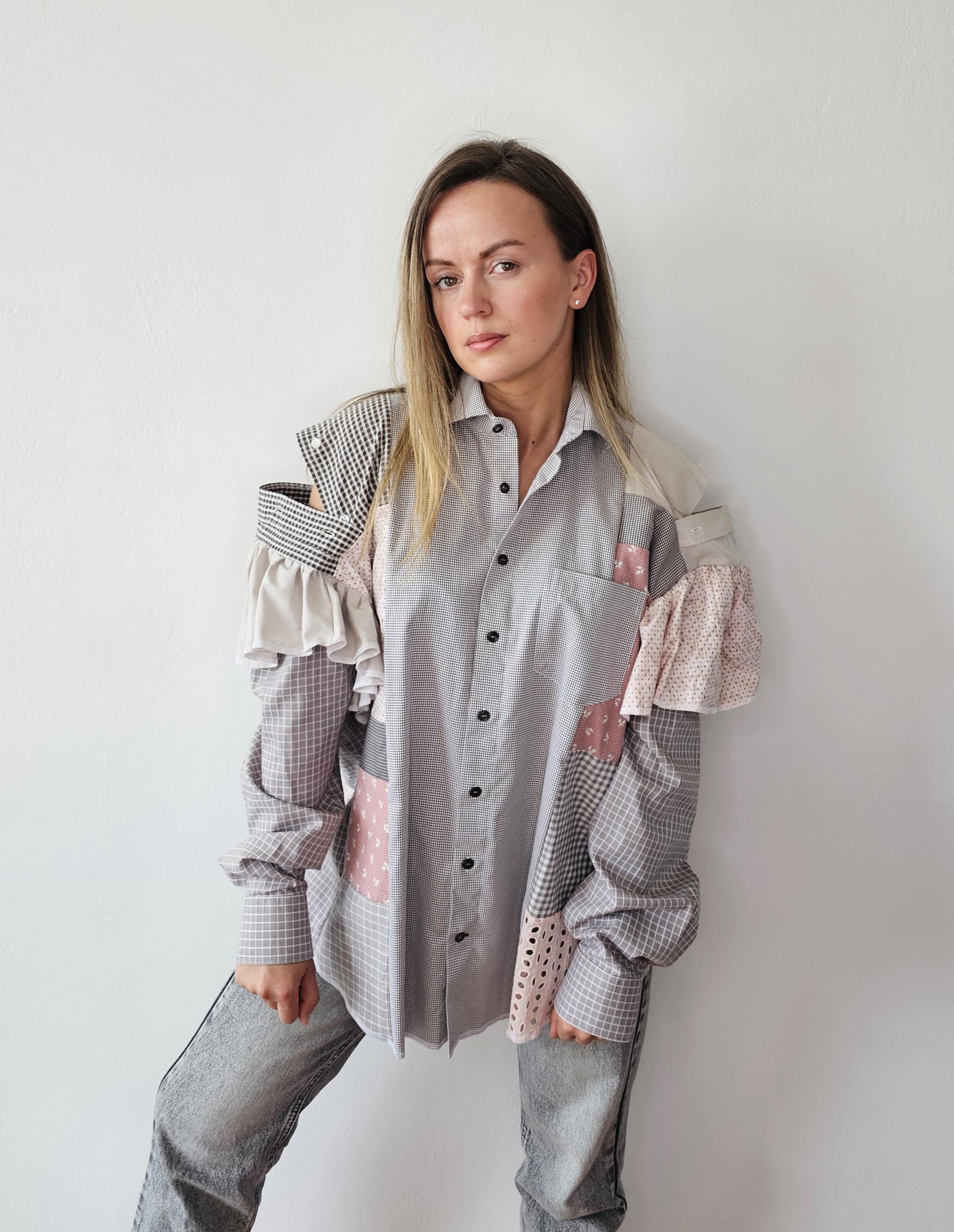 Upcycled women's patchwork shirts with ruffles and open shoulders/ Reworked blouse from men's shirt/ One of a kind modern oversize shirts