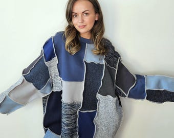 Upcycled patchwork women's jumper from knitwear and sweater scraps/ Reworked blue tones oversize puzzle jumper/ One of a kind modern jumper