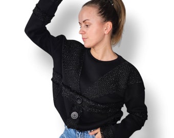 Maglione da donna riciclato da scarti di maglieria con dettagli in tweed / Pullover nero in cotone fatto a mano / Dettagli riciclati maglione unico nel suo genere