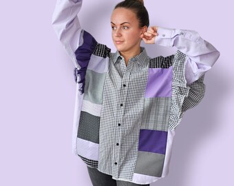 Camicie patchwork da donna riciclate con volant e spalle aperte/ Top in cotone fatto a mano/ Camicetta da camicie da uomo/Camicie viola uniche nel loro genere