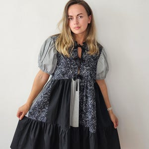 Women's upcycled patchwork dress with puffed sleeves / Handmade cotton ladies oversize dress / One of a kind gray and black dress