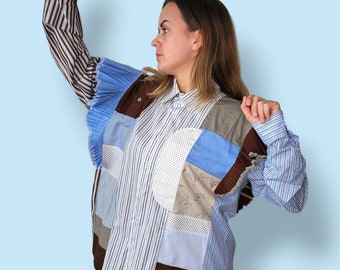 Geüpcyclede dames patchwork shirts met ruches en open schouders/ Handgemaakte katoenen top/ Blouse van herenoverhemden/ Unieke shirts