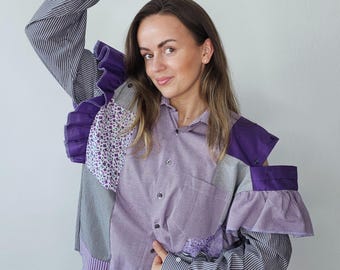 Camisas de mujer recicladas con retazos, volantes y hombros descubiertos / Blusas reelaboradas a partir de camisas de hombre / Camisas modernas oversize únicas