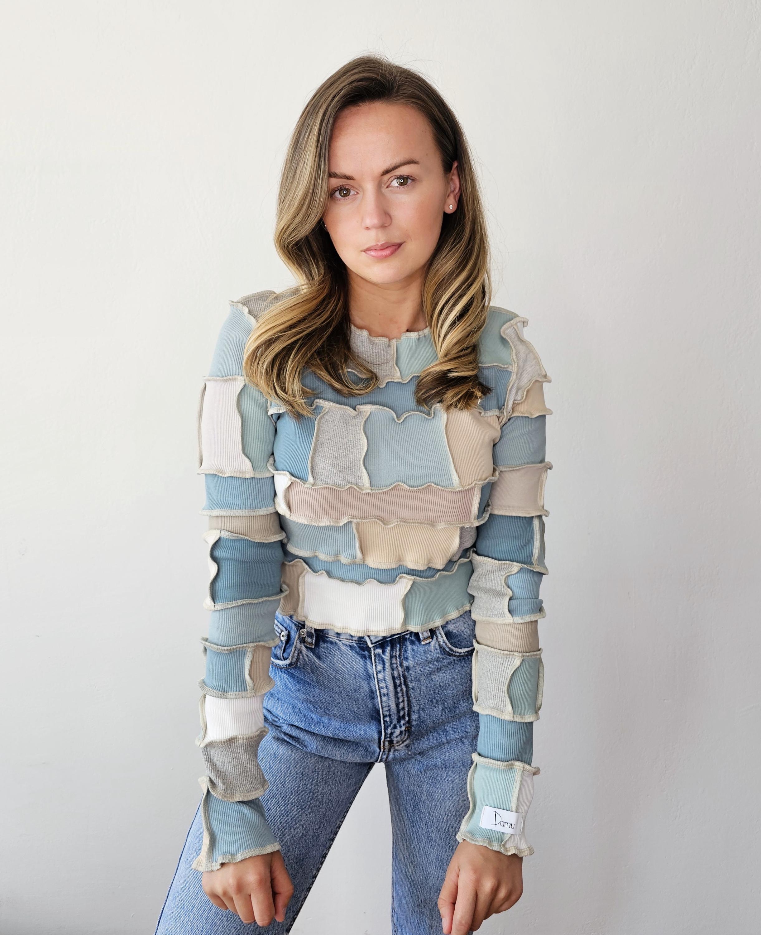 Upcycled patchwork women's blouse from knitwear scraps/ Handmade reworked beige blue puzzle top/ One of a kind refashion zero waste blouse