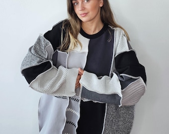 Upcycled patchwork women's jumper from knitwear and sweater scraps/ Reworked gray black oversize puzzle jumper/ One of a kind modern jumper