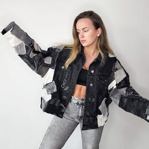 Upcycled women's patchwork denim jacket from jeans scraps/ Handmade reworked bomber style denim jacket/ One of a kind refashion black jacket