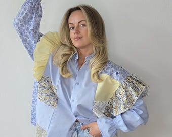 Upcycled women's patchwork shirts with ruffles and open shoulders/ Reworked blouse from men's shirt/ One of a kind modern oversize shirts