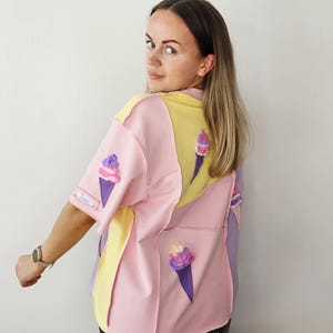 Upcycled patchwork women&#39;s t-shirt from knitwear scraps/ Handmade reworked top with ice cream/Refashion one of a kind zero waste blouse