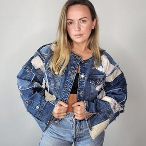 Upcycled women's patchwork denim jacket from jeans scraps/ Handmade reworked bomber style denim jacket/ One of a kind refashion blue jacket