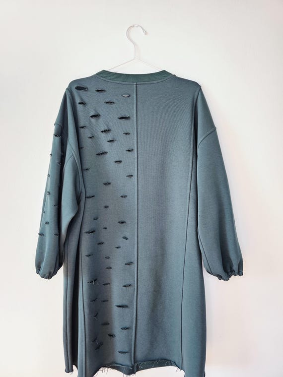 Upcycled Women's Dress from Knitwear Scraps with Denim Belt/ Refashion One of A Kind Green Dress/ Ripped Zero Waste Jumper Dress with Corset