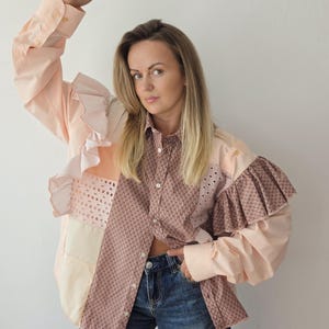 Upcycled women's patchwork shirts with ruffles and open shoulders/ Reworked blouse from men's shirt/ One of a kind modern oversize shirts