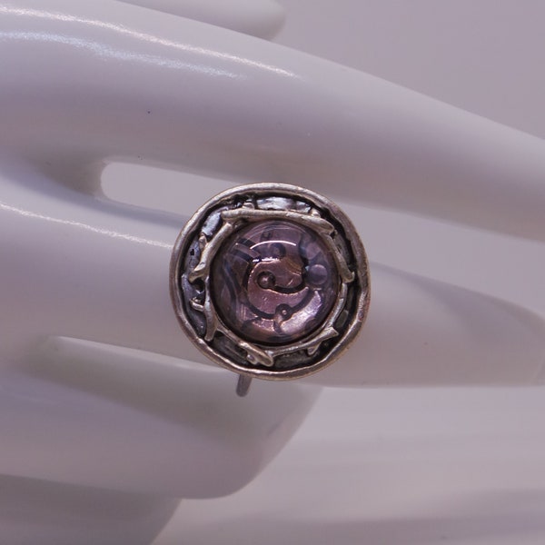 bague argentée avec une perle rose clair brillante, bague ajustable en acier inoxydable