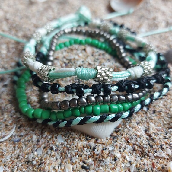 Set Di Braccialetti Uomo Intrecciati In Corda E Perline – Regolabile 17,8-27,9 Cm (Pelle, Pietra Naturale, Legno)
