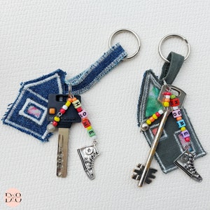 Denim House Keychain, Personalized Keyring with Custom Lettering, Recycled Hand Sewn from Old Jeans, Unisex durable accessory, Charm Key fob