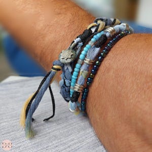 Sommer Strand Meer Armbänder für Herren Lagen Surfer Set Gestrickte Handdekoration Baumwollfaden Recyclingstoff Hippie Geschenk Küsten Charm