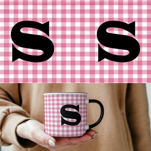 Pink Gingham Monogram Letter S Sublimation Design, Digital Mug Wrap Template, Instant Download Coffee Mug Design, 11oz and 15oz Mug Template