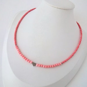 Barbie Pink Heart Pendant Beaded Necklace - Adjustable Dainty Girly Two Shades of Pink Stainless Steel Firm Shape