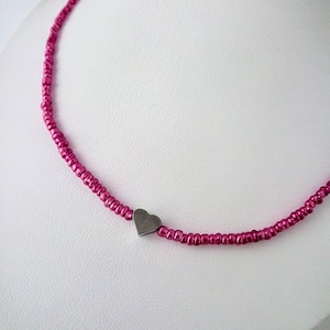Rich Barbie Pink Beaded Choker Necklace with a Heart Pendant - Adjustable Necklace with Elegant Stainless Steel Pendant and Seed Beads