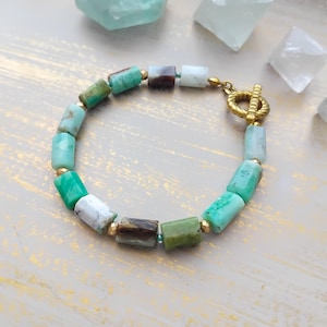 Chrysoprase Hematite Toggle Clasp Bracelet, Chunky Green Gemstone Wrist Band, Handmade Art Deco Healing Crystal Stainless Steel Jewelry