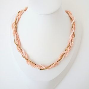 Four-Strand Necklace from Shimmering Peach, Light Cream and Dark Gold Glass Beads - Unique Stylish Glam Choker Necklace in Pastel Colors