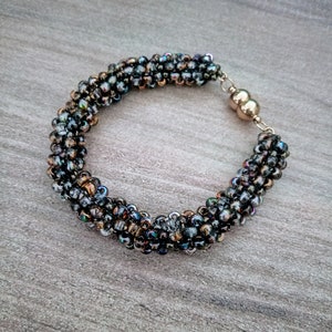 Unique Upcycled Beaded Bangle in Opalescent Toffee Brown & Gold with Stainless Steel Magnetic Clasp, Elegant Firm-Shaped Seed Beads Bracelet