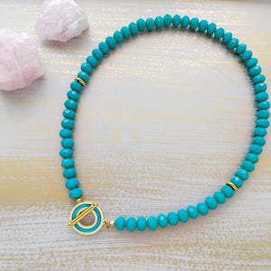 Necklace in Persian Green with Enameled Gold Stainless Steel Front Clasp, Large Bead Chunky Statement Toggle Necklace for Her Spring Summer