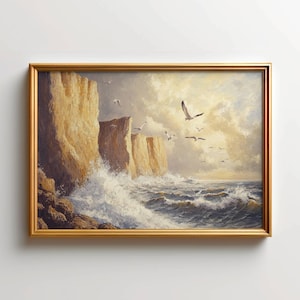 Coastal Seascape Print Seagulls Oil Painting Ocean Waves Oil Painting Original Coastal Beach Art Seascape Wall Decor Sea Art Gift