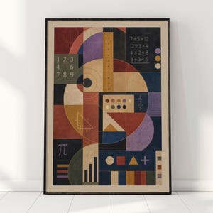 May include: A framed wall art print featuring a geometric composition with mathematical elements. The design includes circles, squares, a ruler, the pi symbol, fractions, and equations like 7+5=12, 12+3=4, 4x2=8, and 8-3=5. The colour palette consists of muted red, blue, yellow, purple, and dark tones.