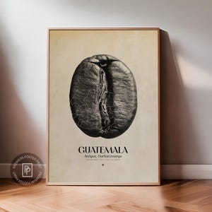 May include: A framed poster featuring a detailed grayscale illustration of a coffee bean. The bean's surface is textured, with a map-like design etched into it. The word "GUATEMALA" is printed below the bean, along with the region names "Antigua, Huehuetenango".