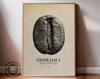 Wydruk z motywem kawy z Gwatemali | Sztuka ścienna do kawiarni, plakat z kawą, dekoracja kuchni, motyw kawiarniany, wystrój kawiarni i baru espresso