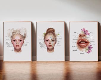 Facial Anatomy Art Set, Facial Muscles and Veins, Esthetician Art, Aesthetician Art, Massage Therapist, Botox Poster, Cosmetic Injector Art