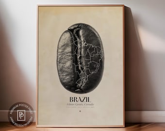 Brazil Coffee Origins Print | Café Wall Art, Coffee Poster, Kitchen Decoration, Cafe-themed, Espresso Bar & Barista Decor