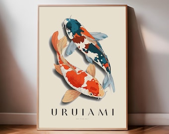 Kunstdruck mit Koi-Fisch-Illustration, japanisches Koi-Poster, minimalistischer Japandi-Druck, Kunstdruck zum Thema Achtsamkeit, Vintage-Wandkunst, Wabi-Sabi-Poster