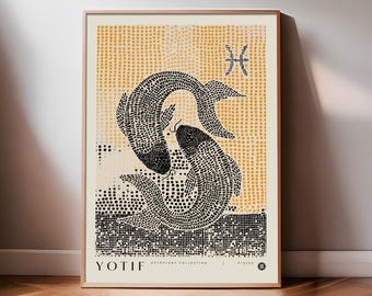 May include: Framed art print featuring two stylized black fish facing each other, set against a dotted yellow background. The print includes the Pisces zodiac symbol and the text "YOTIF ANTHOLOGY COLLECTION". The artwork is in a wooden frame.