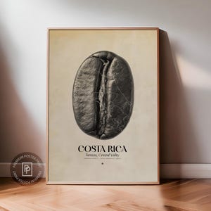 May include: A framed poster featuring a detailed, grayscale image of a coffee bean. The text "COSTA RICA" is displayed below the bean, along with the region "Tarrazu, Central Valley". The poster has a light beige background and a wooden frame.