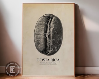 Lámina con motivos de café de Costa Rica / Arte para pared de cafetería, póster de café, decoración de cocina, temática de cafetería, decoración para bares de espresso y baristas.