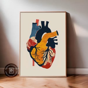 May include: Anatomy-themed poster print featuring a stylized human heart illustration. The artwork showcases the heart in shades of red, yellow, blue, and orange, set against a neutral background. The print is framed in a wooden frame.