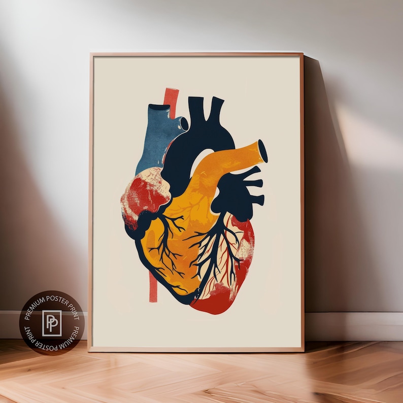 May include: Anatomy-themed poster print featuring a stylized human heart illustration. The artwork showcases the heart in shades of red, yellow, blue, and orange, set against a neutral background. The print is framed in a wooden frame.
