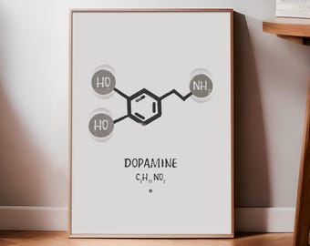 Stampa di molecole di dopamina, in bianco e nero, poster chimico della felicità, poster scientifico, ormoni della felicità, download digitale, regalo per terapeuta