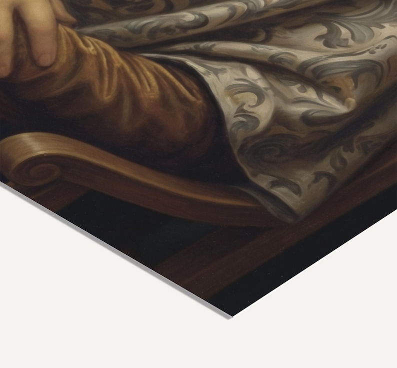 May include: A detail from a classical painting, showing a person's arm and part of a chair. The arm is covered in golden-brown fabric, and the chair is dark brown with a curved armrest. A patterned cloth with grey and white swirls is also visible.
