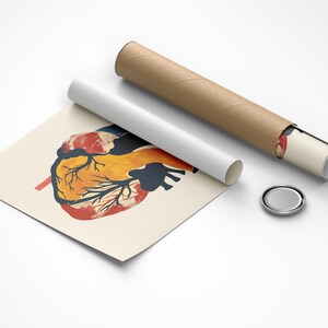 May include: Anatomy art print featuring a stylized human heart illustration in red, yellow, and blue. The print is displayed with a white tube, a brown tube, and a silver cap, all on a white surface. The print is from YOTIF ART HOUSE.