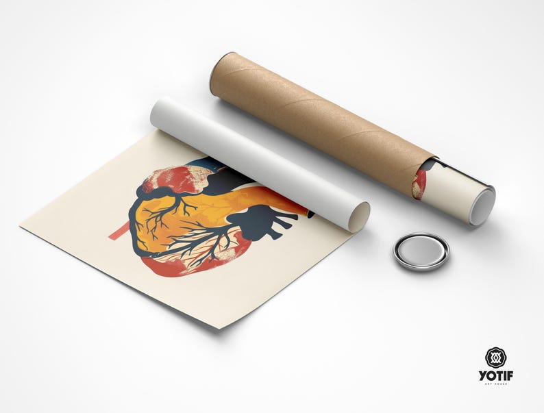May include: Anatomy art print featuring a stylized human heart illustration in red, yellow, and blue. The print is displayed with a white tube, a brown tube, and a silver cap, all on a white surface. The print is from YOTIF ART HOUSE.